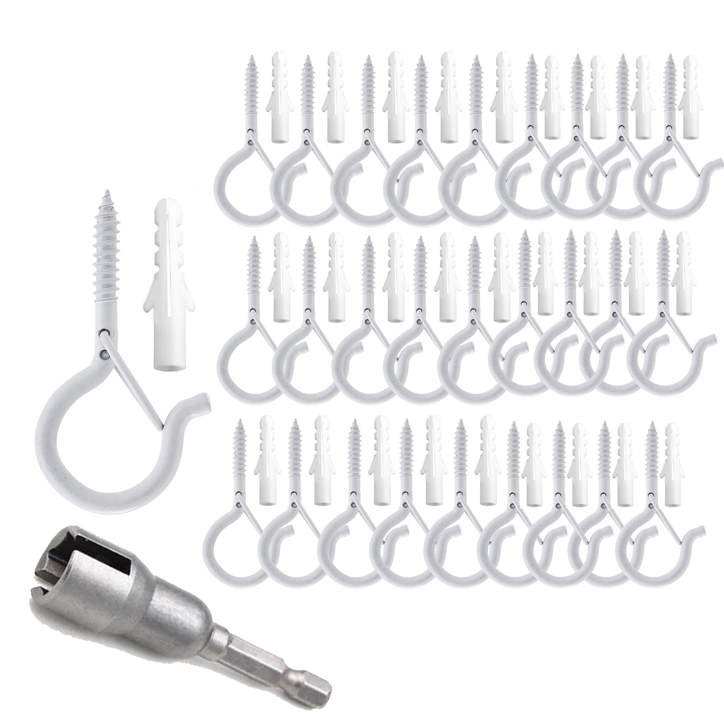 TAIHUIMY 30 Pack Screw Hook Q-Hanger Hooks for Outdoor String Lights, Hanging Eye Iron Hooks Christmas Rope Clips, Wall Wood Cabinet Ceiling for Light Plants Wind Chimes, Include Wing Nut Driver