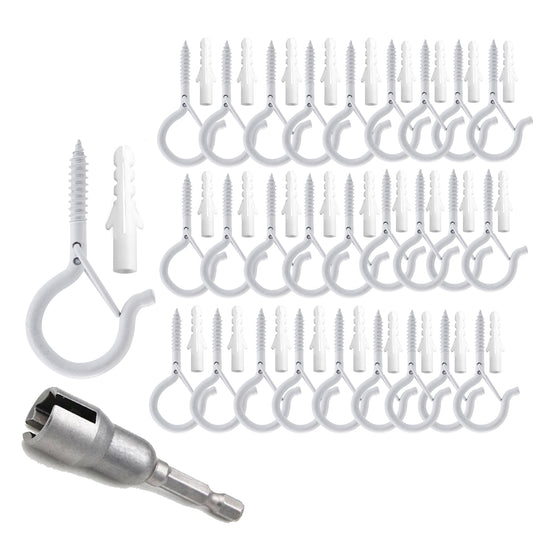 TAIHUIMY 30 Pack Screw Hook Q-Hanger Hooks for Outdoor String Lights, Hanging Eye Iron Hooks Christmas Rope Clips, Wall Wood Cabinet Ceiling for Light Plants Wind Chimes, Include Wing Nut Driver