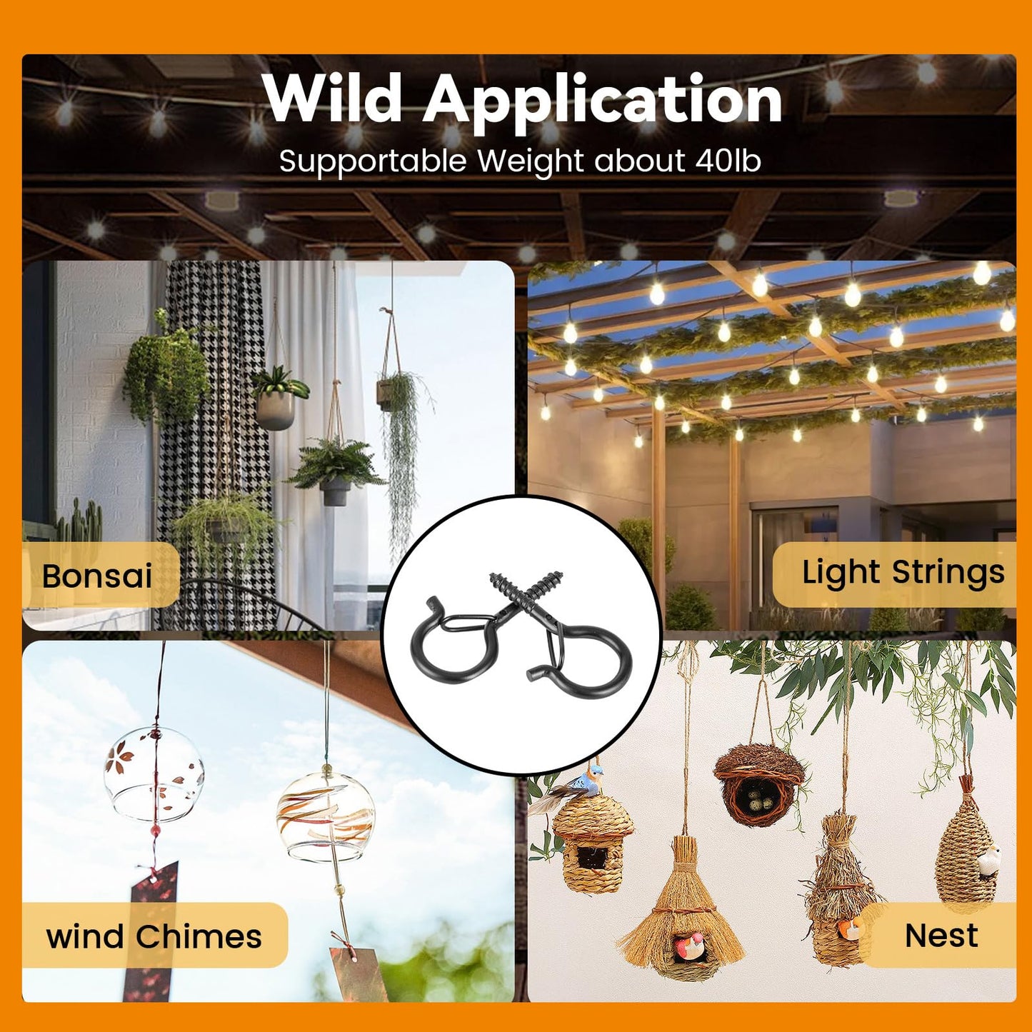 TAIHUIMY 24 Pack Screw Hook Q-Hanger Hooks for Outdoor String Lights, Hanging Eye Iron Hooks Christmas Rope Clips, Wall Wood Cabinet Ceiling for Light Plants Wind Chimes