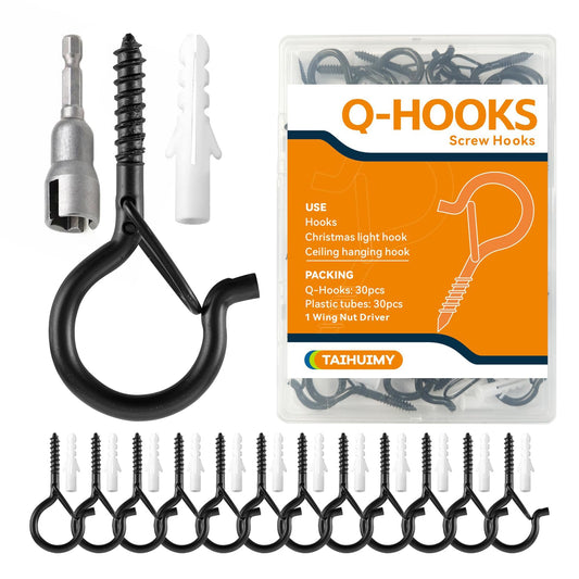TAIHUIMY 30Pcs Screw Hooks Q-Hanger Hooks for Outdoor String Lights, Christmas Rope Lights Clips, Wall Cabinet Ceiling Eye Hook with Safety Buckle for Wire Party Light Plants Wind Chimes