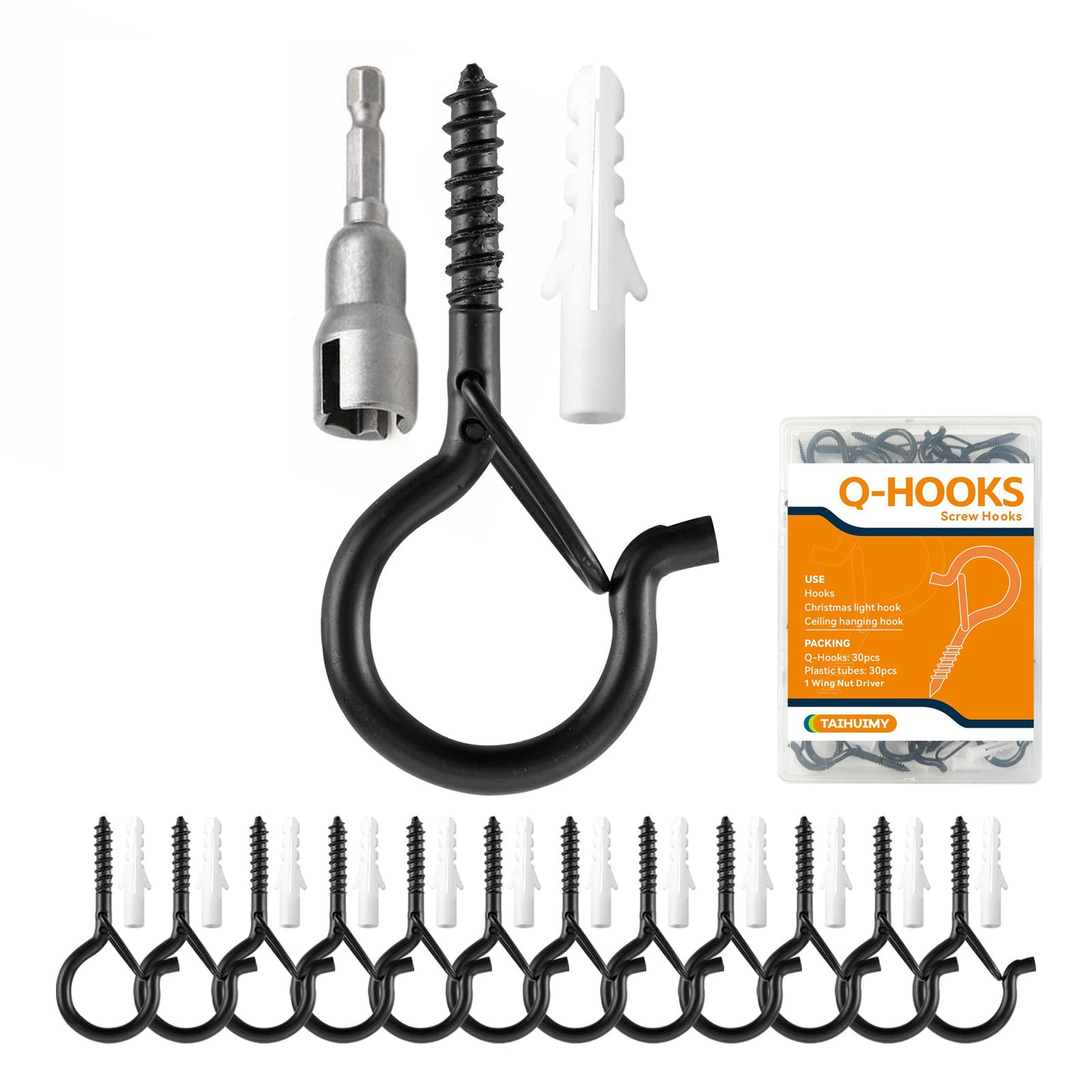 TAIHUIMY 30Pcs Screw Hooks Q-Hanger Hooks for Outdoor String Lights, Christmas Rope Lights Clips, Wall Cabinet Ceiling Eye Hook with Safety Buckle for Wire Party Light Plants Wind Chimes
